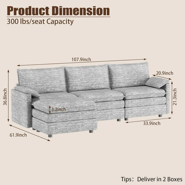 GloryStar 108 Inch Modular Chenille Sectional, Extra Large Cloud Sofa with Ottoman, Deep Seating for Living Room