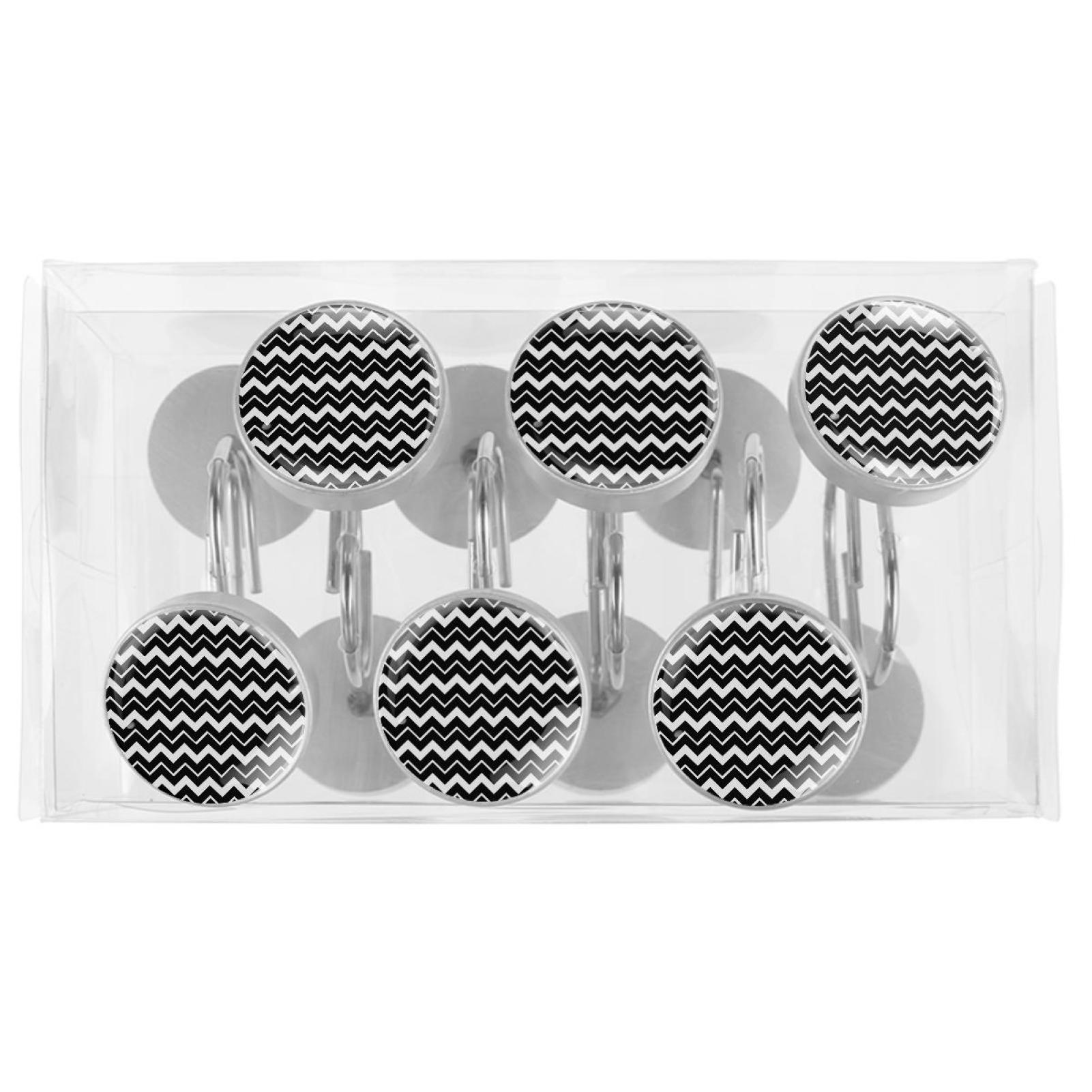 Black and White Stripes Shower Curtain Hooks（Set of 12）for Home Hotel Shower Rods Bathroom Crystal Glass Print Stainless Steel Round Curtain Hooks