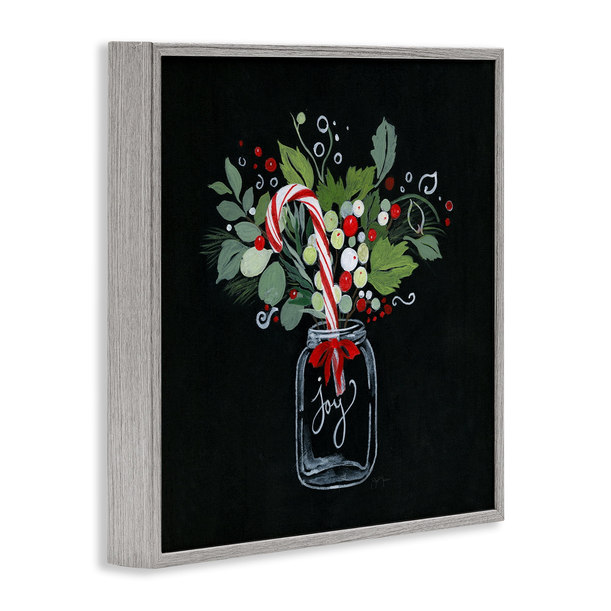 Stupell Industries Joy Candy Cane Jar Holiday Painting Gray Framed Art Prints Wall Art, 17 x 17