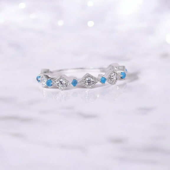 Turquoise Wedding Band Women Vintage Moissanite Half Eternity 925 Silver Round Shape Engagement Promise Band Matching Stacking Diamond Band Gift For Her