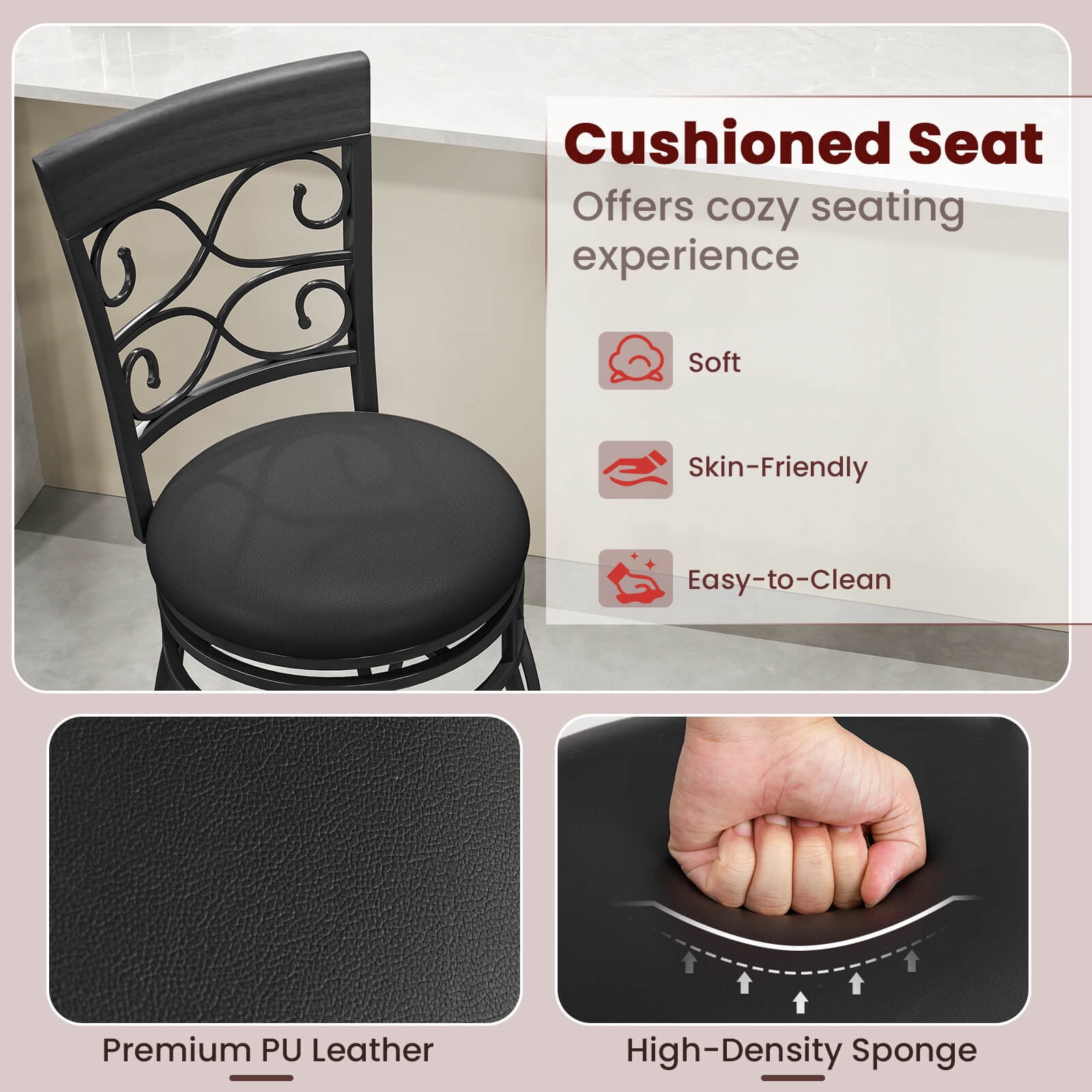 Costway Round Swivel Back Seat Bar Stool, Black (Set of 4)