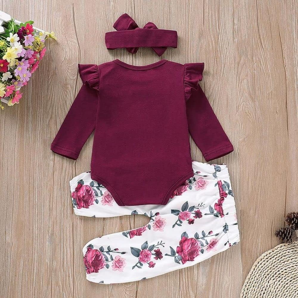 SUCS Newborn Baby Girl Clothes Infant Girl Outfits Long Sleeve Ruffle Romper  Floral Pants Headband Set