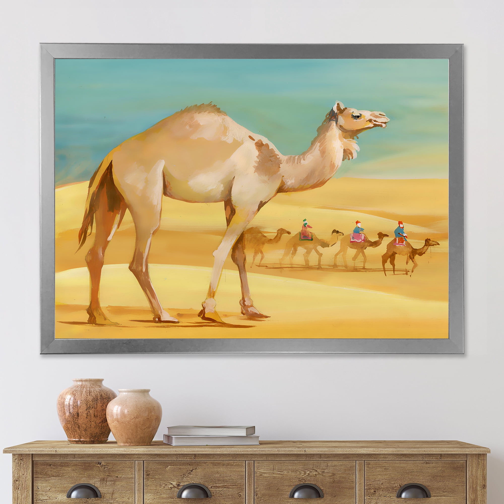 Designart 'Camels In Wild Desert I' Farmhouse Framed Art Print