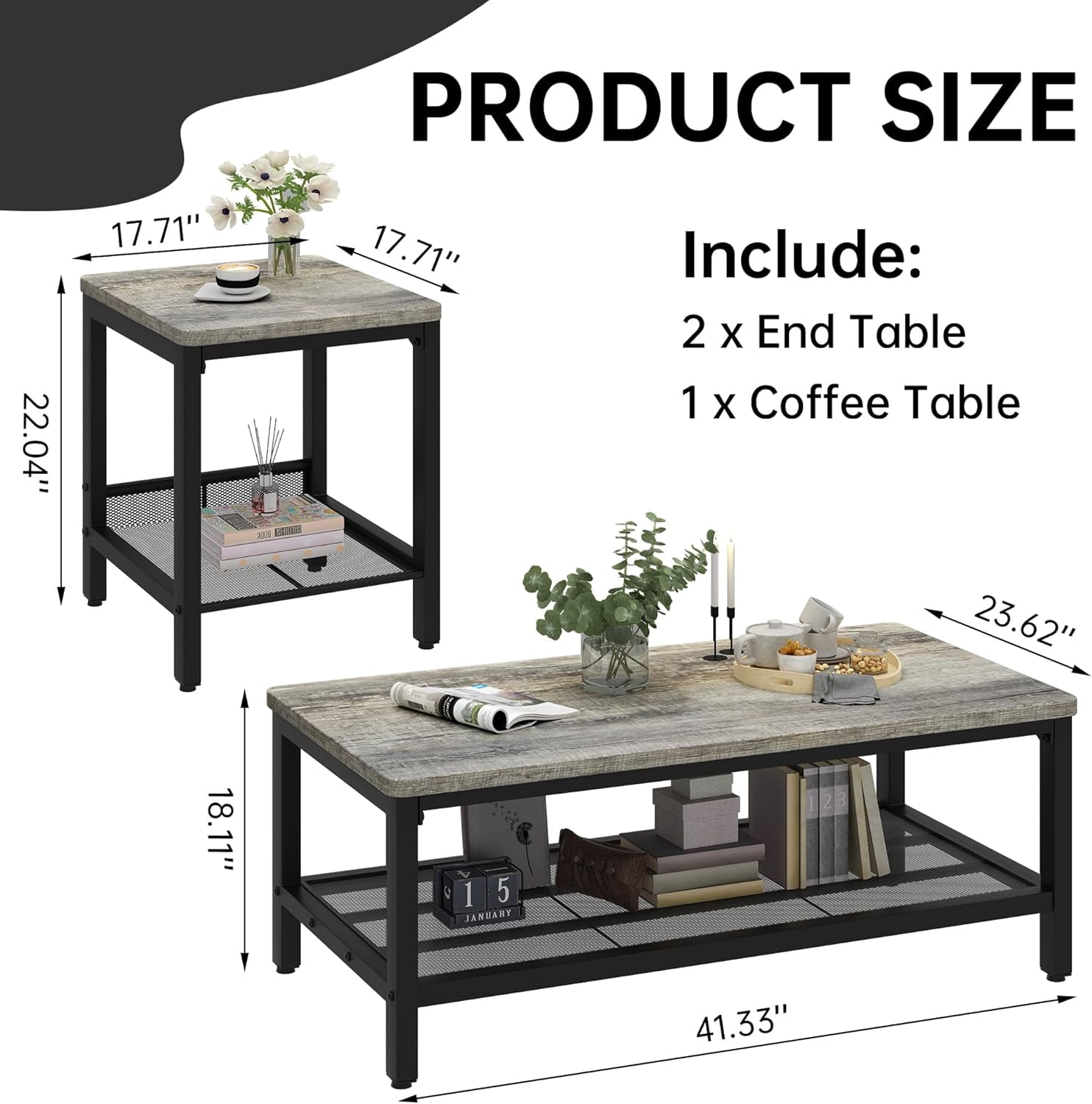 LinkRomat Living Room Coffee Table Set of 3, Modern Industrial Table Set with 1 Coffee Table and 2 End Tables, Square Wood and Metal Frame, Gray