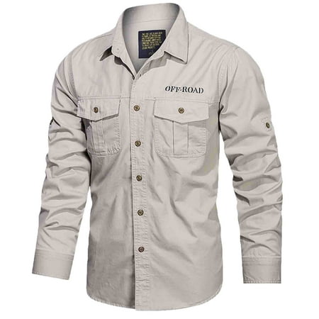 

WANYNG Male Autumn Winter Soild Color Cotton Single Double Pocket Long Sleeve Washed Military Outdoor Shirt Long Sleeve Scrub
