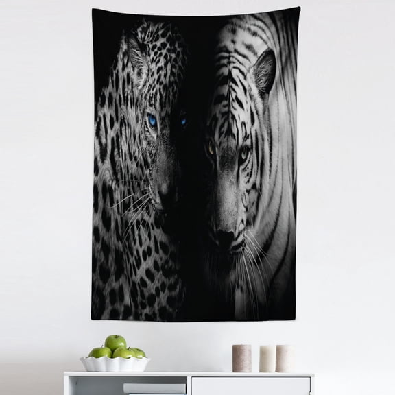 Black and White Tapestry, Animal Eyes Aggressive Powerful Wildcat Profile Print Monochrome Design, Fabric Wall Hanging Decor for Bedroom Living Room Dorm, 5 Sizes, Black White Blue, by Ambesonne