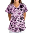 thumbnail image 4 of Xyxonk Women's Scrub Tops Plus Size Funny Printed V Neck Shirts Comfortable Short Sleeve Stretch Uniforms with Pockets Purple M, 4 of 5