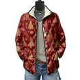 thumbnail image 2 of felwors Women's Christmas Quilted Jacket with Snowmen Christmas Trees Print, Snap Button Front Fall Winter Coat Wine, L, 2 of 8