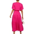 thumbnail image 4 of Qiylii Women Summer Dress with Waist Belt, Plain Short Sleeve Ruched V-Neck Loose Dress, Ladies Casual Long One-Piece, 4 of 5