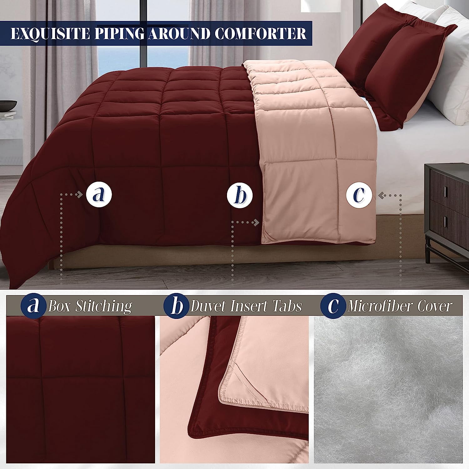 Mocassi Reversible 3-Piece Comforter Set with Matching Shams, Two Colors in One for Ultimate Versatility and Style, Twin/TwinXL, Burgundy/Dusty