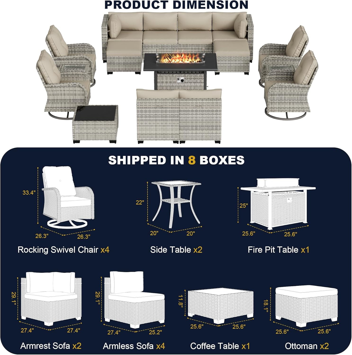 16-Piece Outdoor Patio Furniture Set with Rocking Swivel Chair, Wicker Rattan Sectional Sofa Conversation Set with 55,000 BTU Fire Pit Table with Ottomans, Backyard Furniture,Beige
