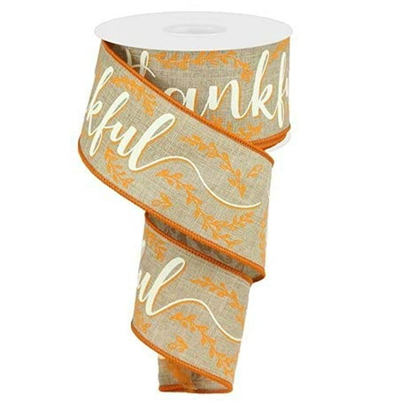 Thankful Wired Edge Ribbon, 2.5" x 10 Yards (Light Beige)