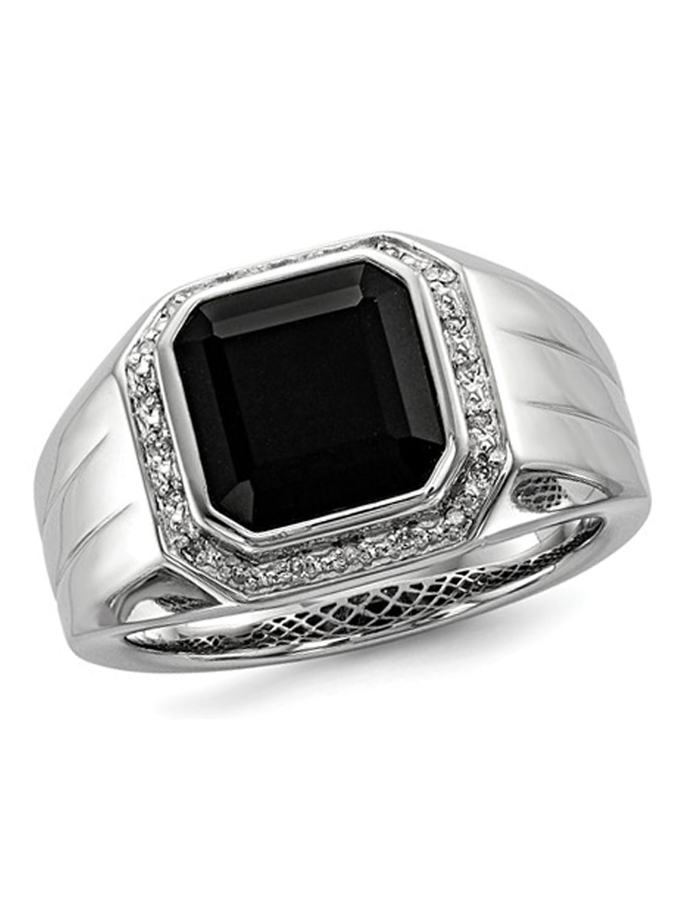 Mens Diamond & Simulated Onyx Ring Sterling Silver or Yellow Gold Plated Silver