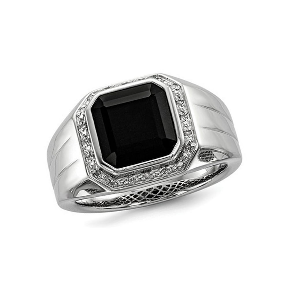 Gem And Harmony Mens Black Onyx Ring with Accent Diamonds in Rhodium