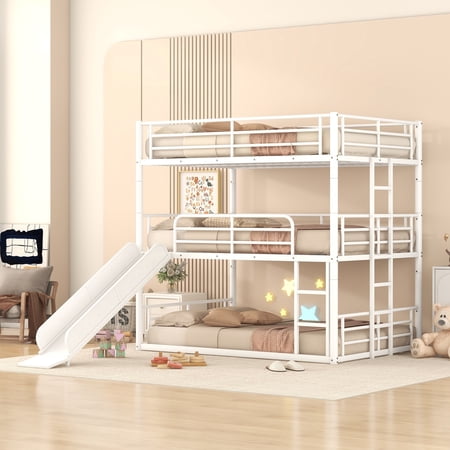 Full Size Metal Bunk Bed with Ladders and Slide  Divided into One Platform and Loft Bed  White