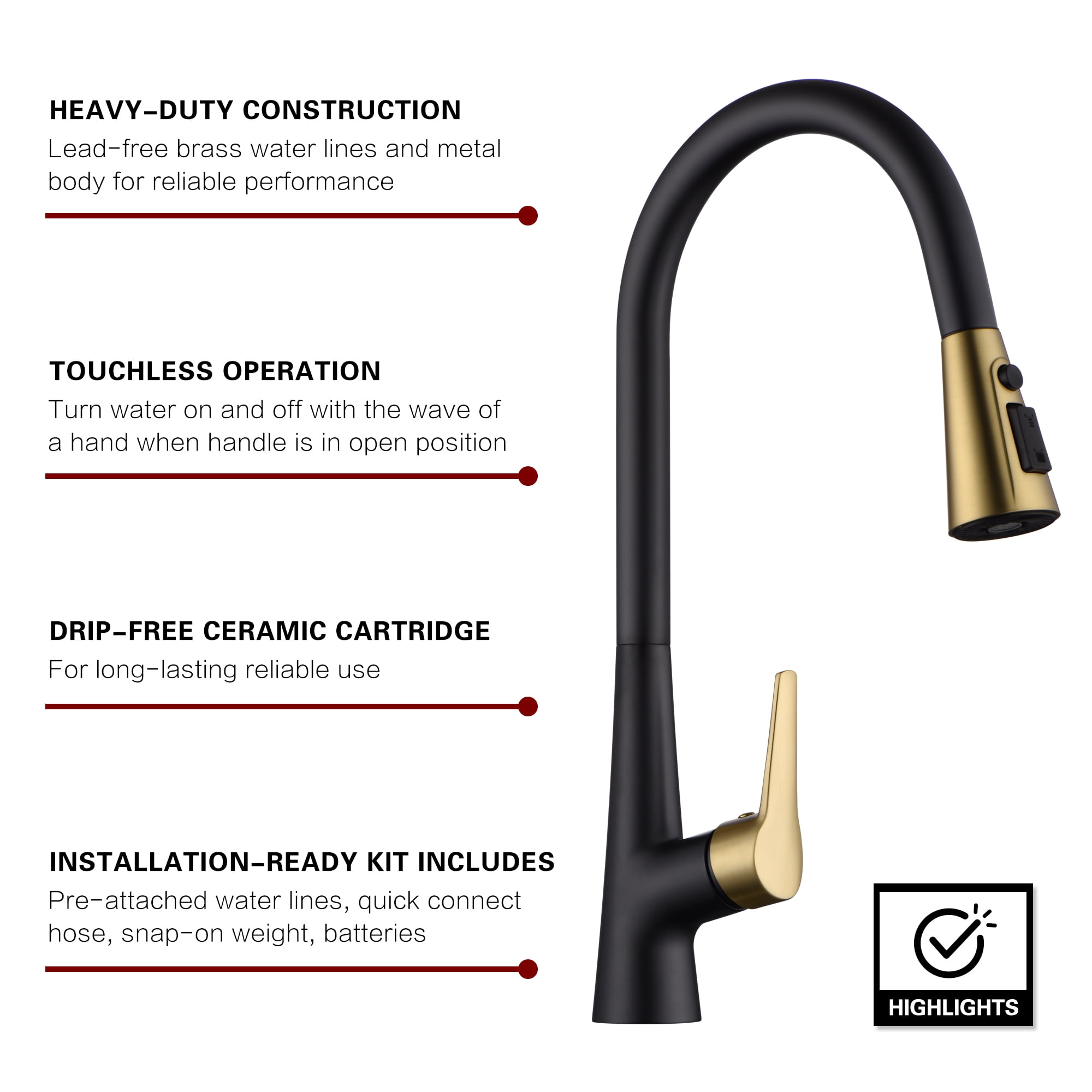 sumerain Motion Sensor Activated Kitchen Sink Faucet with Pull Down Sprayer,Hands-Free Touchless Kitchen Faucet Black & Gold