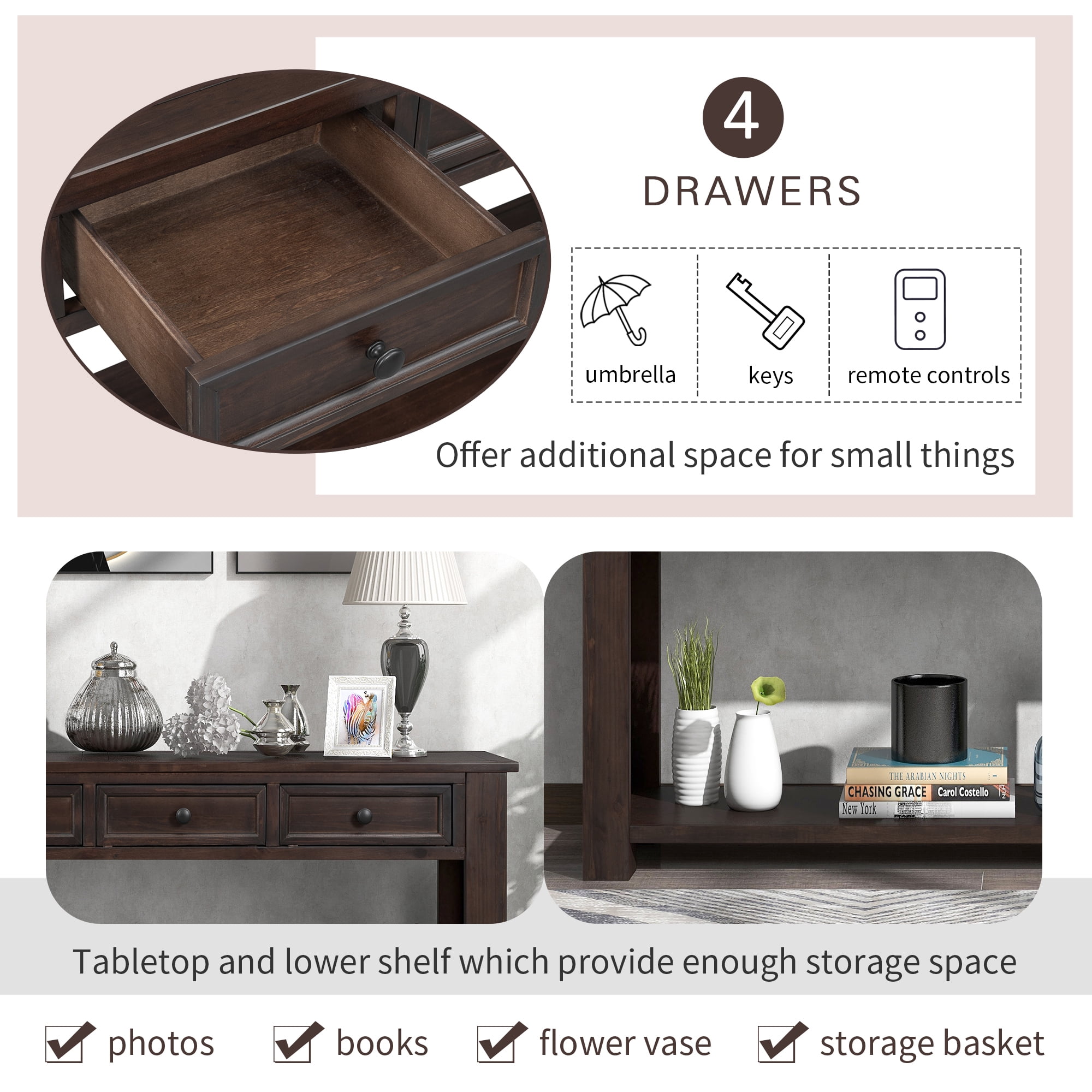 EUROCO 63" 4-Drawers Console Table with Long Bottom Shelf, Espresso