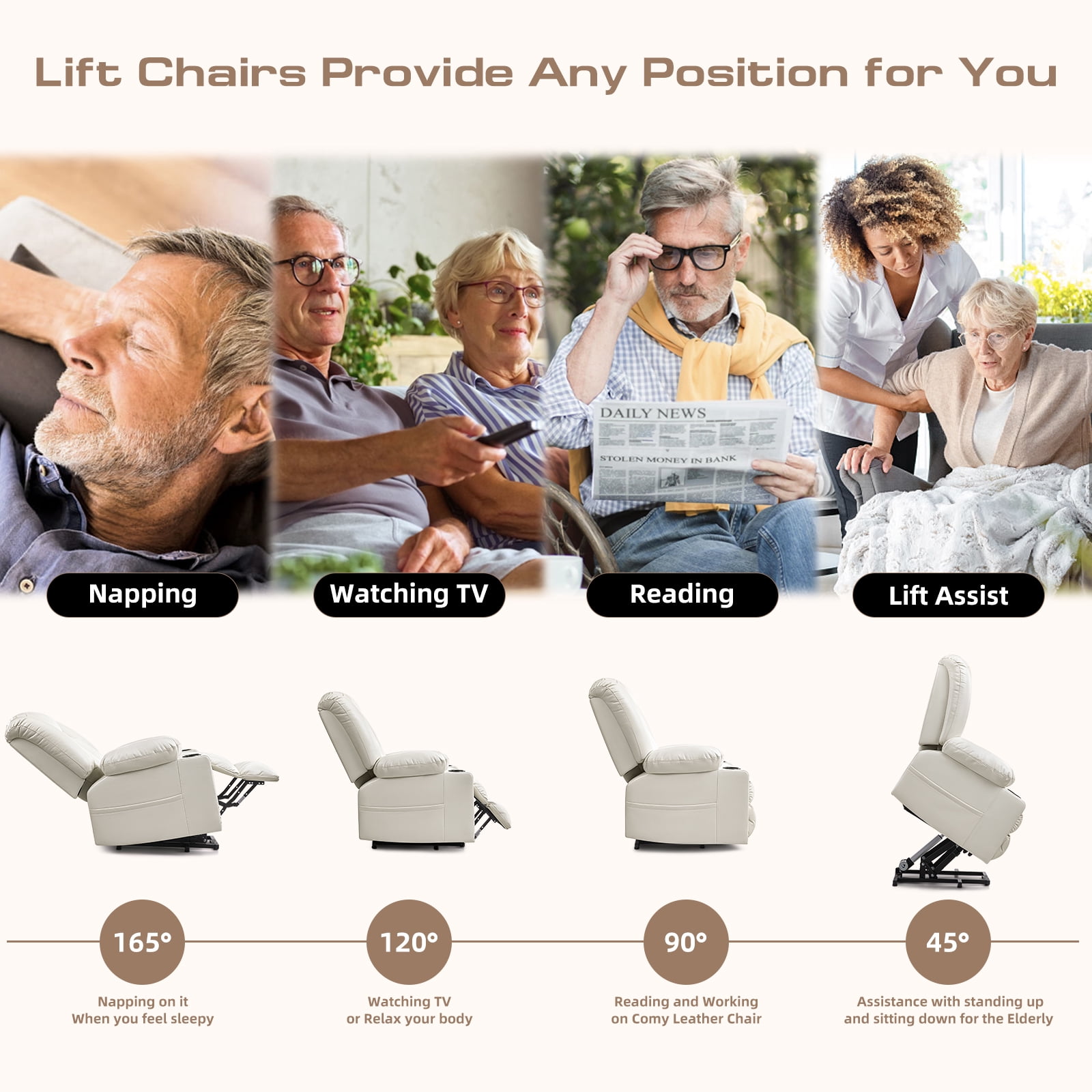 Large Power Lift Chairs Recliners for Elderly with Heated and Massage, Overstuffed Adjustable Lift Chairs, 3 Positions, Breathable Leather, USB-A and USB-C, Cup Holder, Side Pocket, Dark Brown