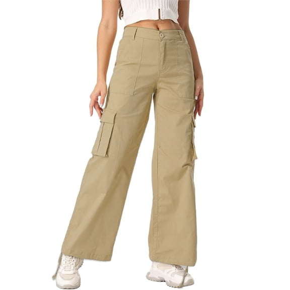 Women's Wide Leg High Waisted Multi Pocket Loose Fit Cargo Trousers, Utility Straight Leg Pants, Casual Military Style Pants for Women with Drawstring,Khaki,S