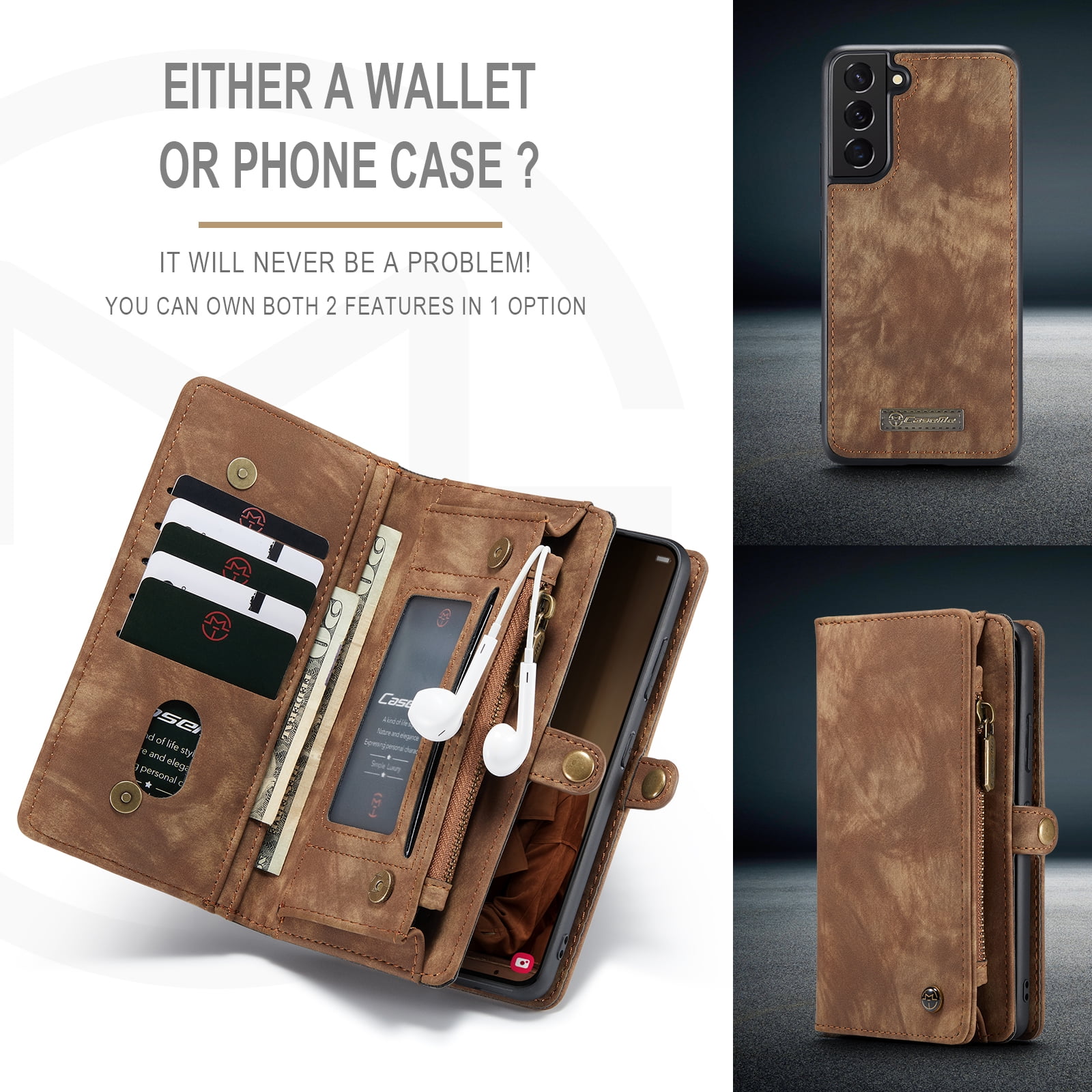 TECH CIRCLE Samsung Galaxy S22 Plus Case,Galaxy S22 Plus Wallet Case with Card Holder Kickstand Zipper Pocket Lanyard Strap Wristlet PU Leather Flip Case Wallet for Galaxy S22 Plus 6.6 inch,Darkbrown