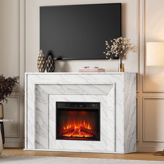 HUJAUU 51" Fireplace TV Stand for Living Room, Entertainment Center with Faux Marble Finish & 23" Electric Fireplace Insert for Bedroom, White & Grey
