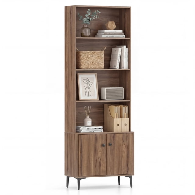 Gymax Bookshelf w/ Doors 5-Tier Floor Standing Bookcase w/ 2 Anti-Tipping Kits Walnut