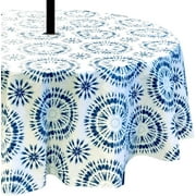 Elrene Summer Tie Dye Vinyl Tablecloths: Patio Table Umbrella Table Cover with Hole and Zipper, 70" Diameter Round (Blue, White)