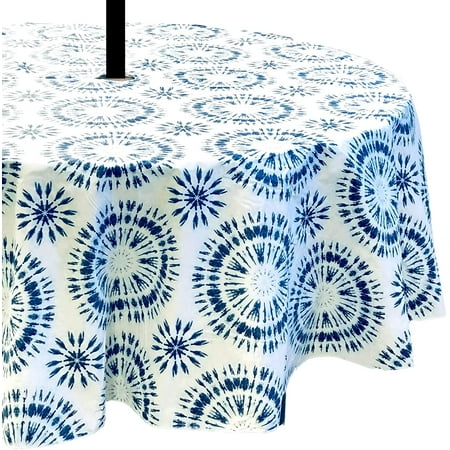 Elrene Summer Tie Dye Vinyl Tablecloths: Patio Table Umbrella Table Cover with Hole and Zipper, 60" x 84" Diameter Round (Blue, White)