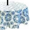 Elrene Summer Tie Dye Vinyl Tablecloths: Patio Table Umbrella Table Cover with Hole and Zipper, 60" x 84" Diameter Round (Blue, White)