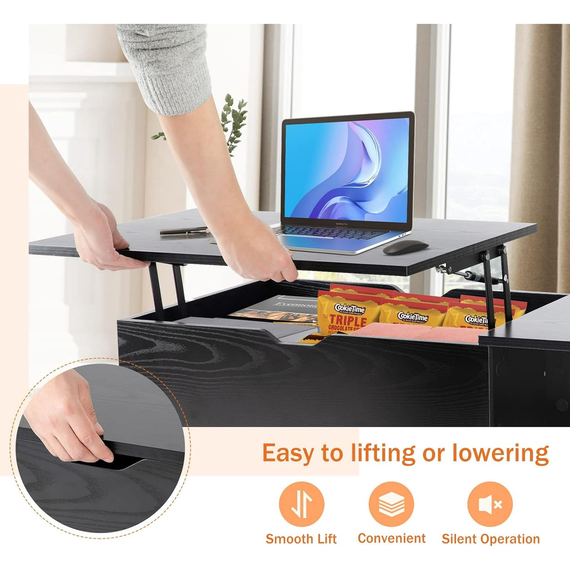 Living Room Table, Lift Top Coffee Table, Dining Center Tables with Storage Shelf and Hidden Compartment, Black