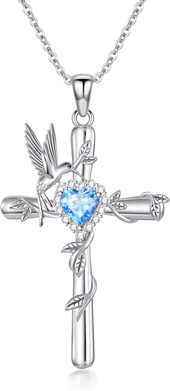 DVEATR Hummingbird/Butterfly Cross Necklace for Women 925 Sterling Silver Hummingbird Cross Necklace with Birthstone Animal Pendant daintyJewelry Gift for Women.