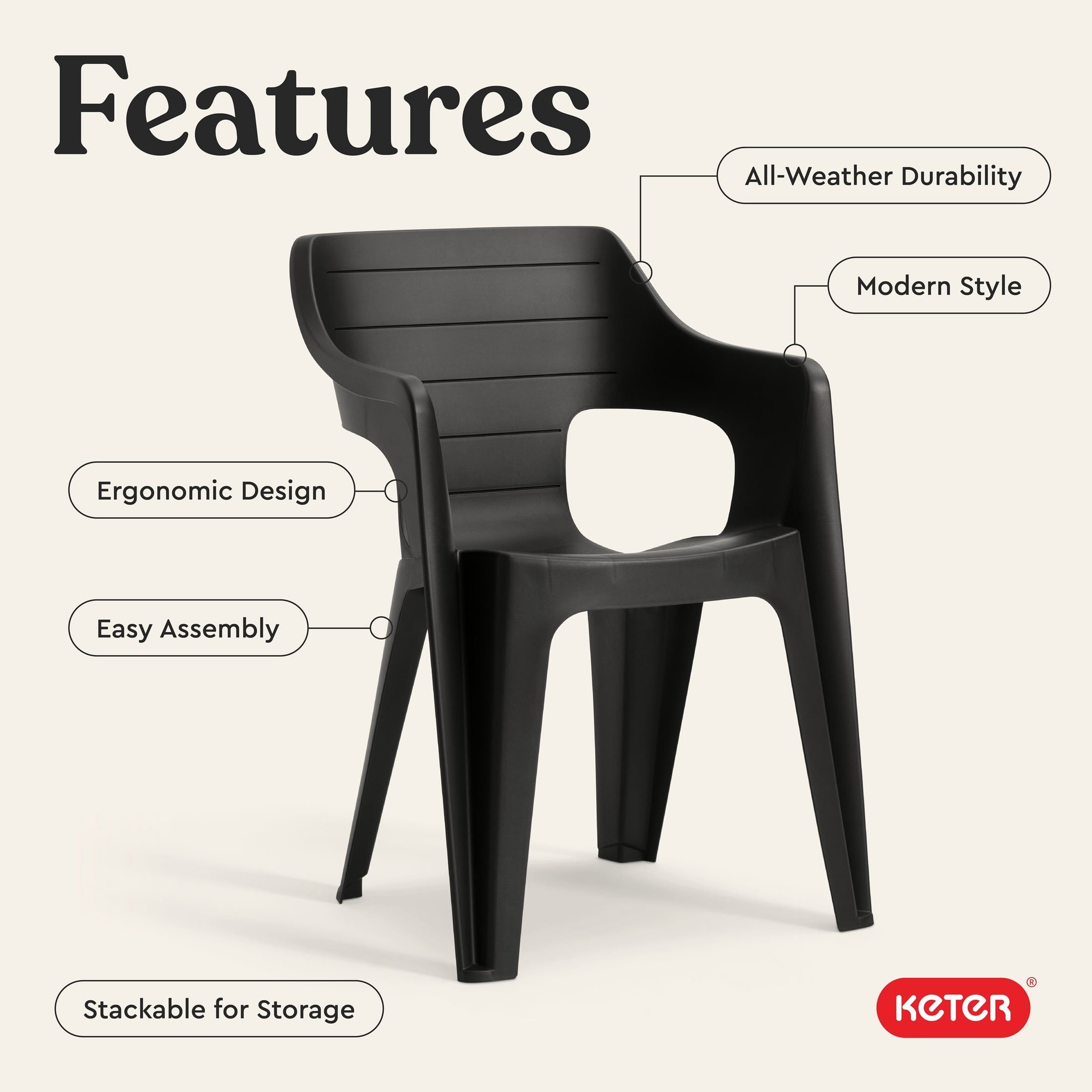(2 pack) Keter Bilbao Resin Outdoor Dining Chair-Perfect for Outdoor, Graphite