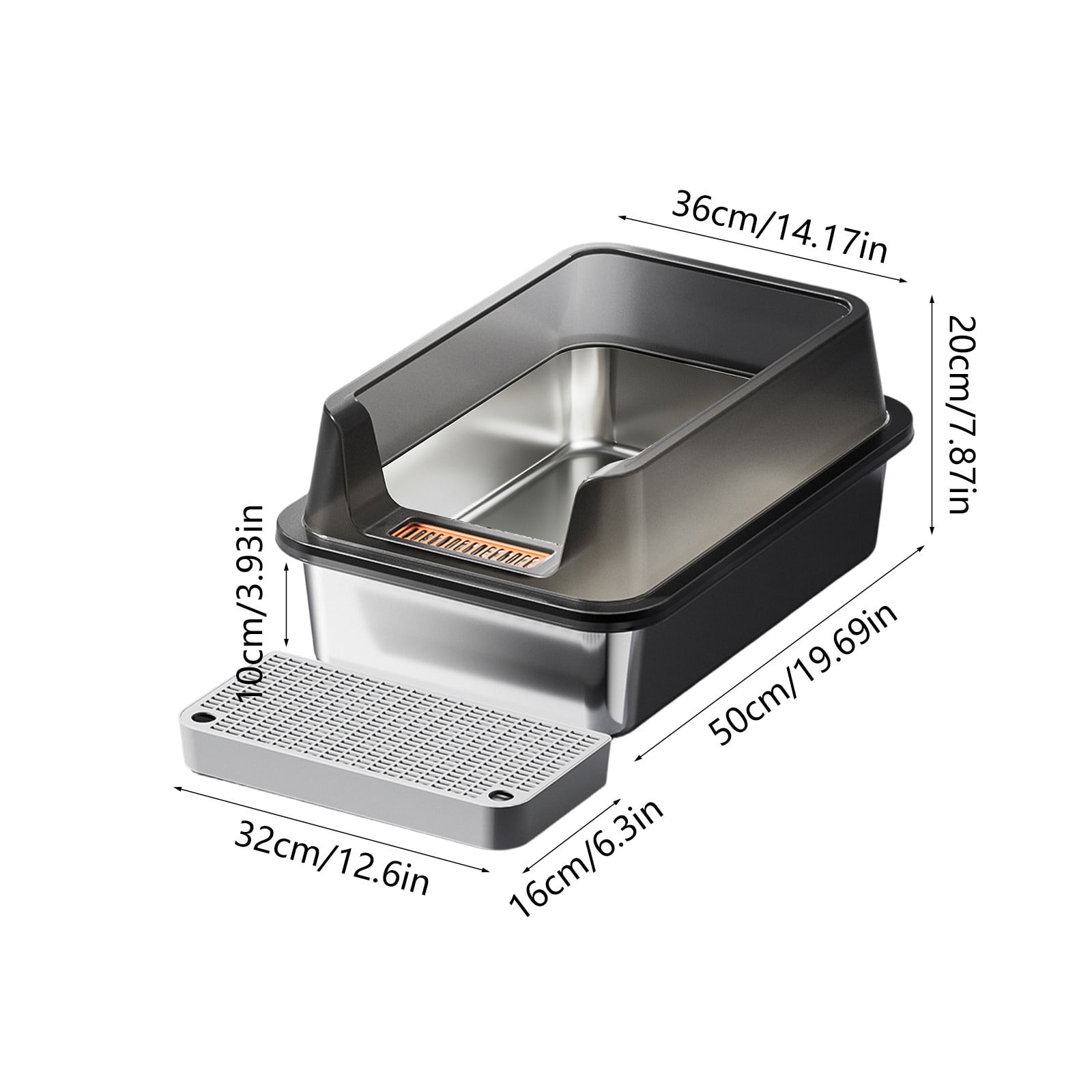 Stainless Steel High Sided Litter Box, Large Open Top Cat Litter Pan with Step Platform, Odor Resistant & Easy Clean, Non-Slip Kitty Tray with Scoop for Small & Large Cats