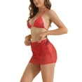 thumbnail image 4 of Conjuntos de bikini de tirantes con estampado de teñido anudado para mujer, traje de baño de 3 piezas, parte inferior triangular, falda de cobertura, traje de baño grande rojo, 4 of 5