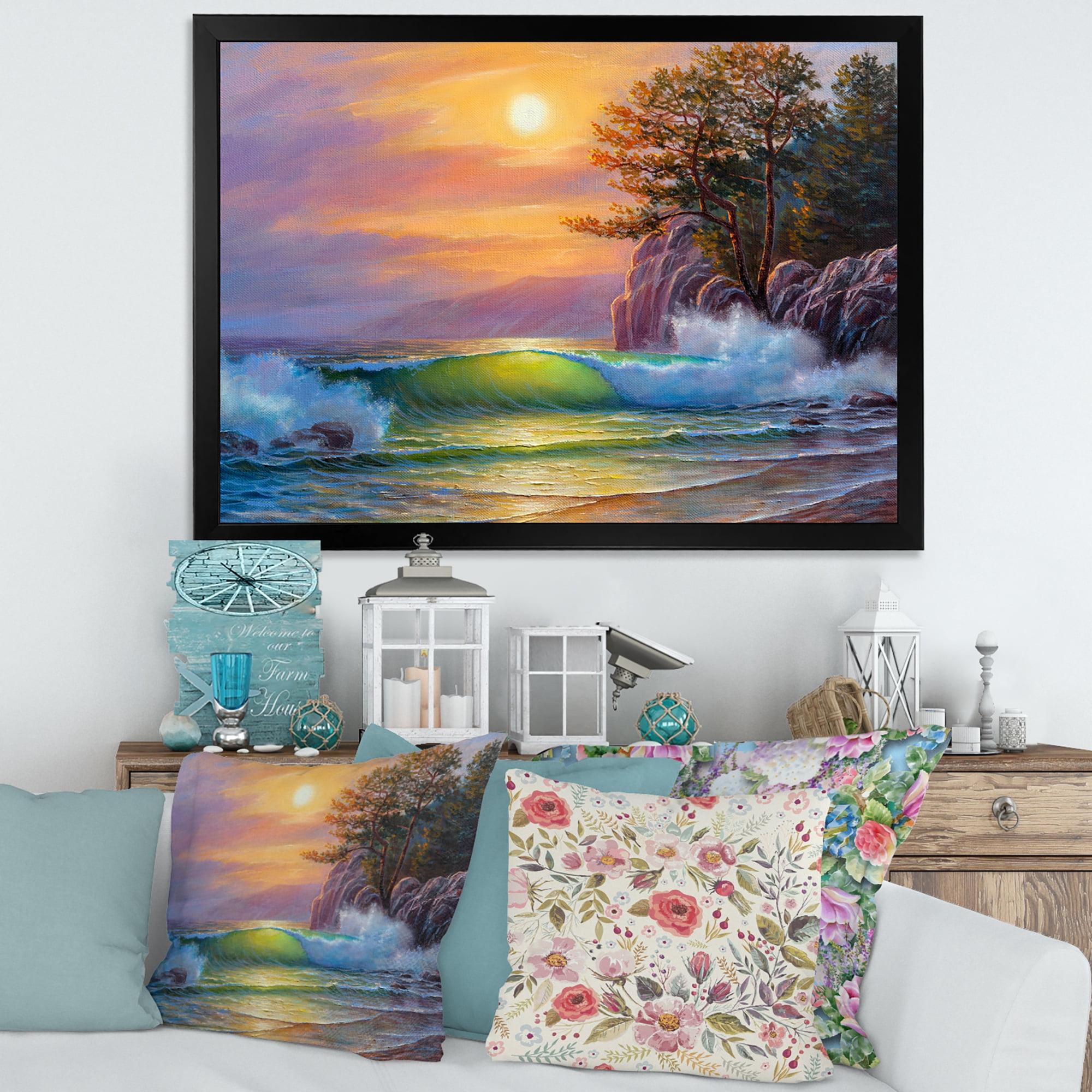Designart 'Sunrise On Sea Waves By The Pine Trees' Nautical & Coastal Framed Art Print