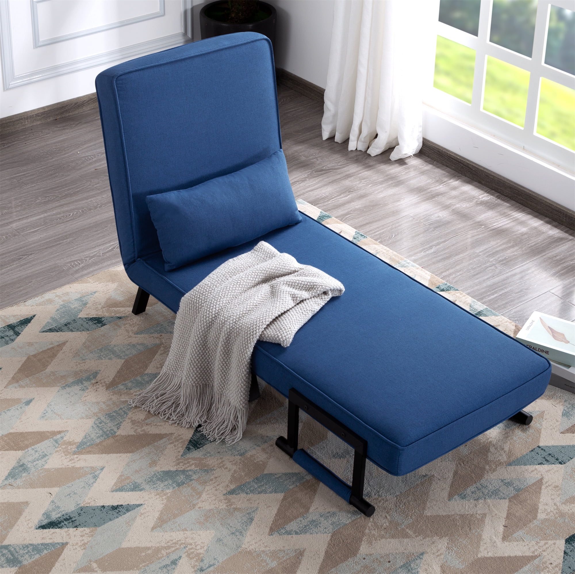 Aukfa Comfy Mini Sofa Adjustable Backrest Chaise Lounger Convertible Sofa Chair Bed w/ &Pillow, Blue