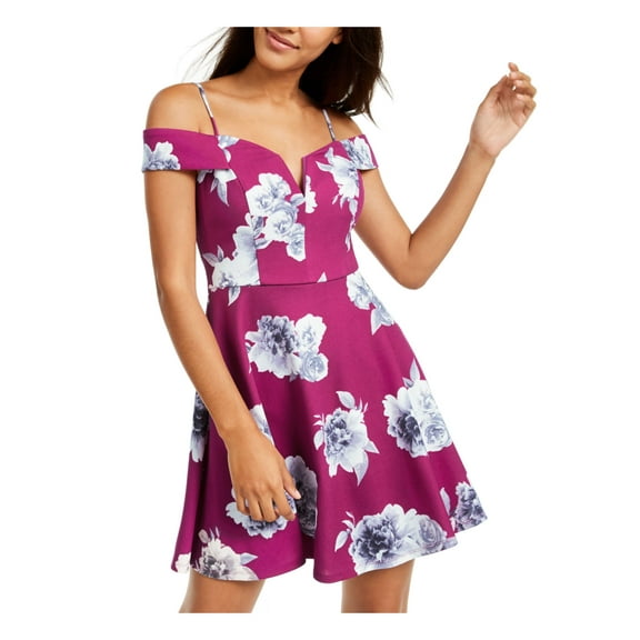 CITY STUDIO Womens Purple Cold Shoulder Floral Spaghetti Strap V Neck Short Fit   Flare Dress 1