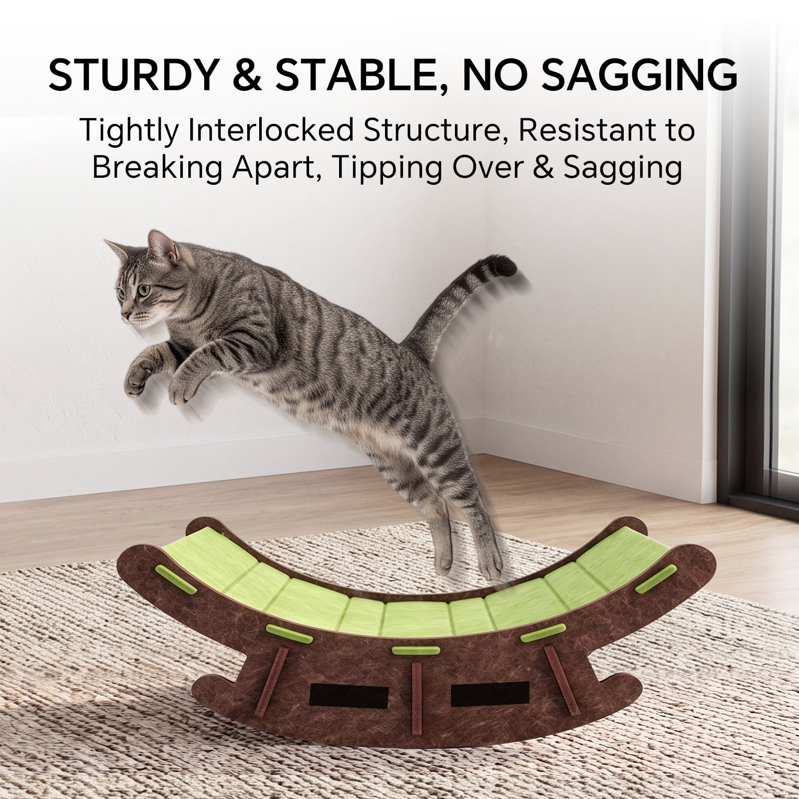 2‑in‑1 Felt Cat Rocking Bed, Foldable Cat Recliner Scratcher, Wear‑Resistant Curved Cat Scratch Post, Spacious All‑Season Cat Rocking Nest for Indoor Cats, Green 57*40*24cm