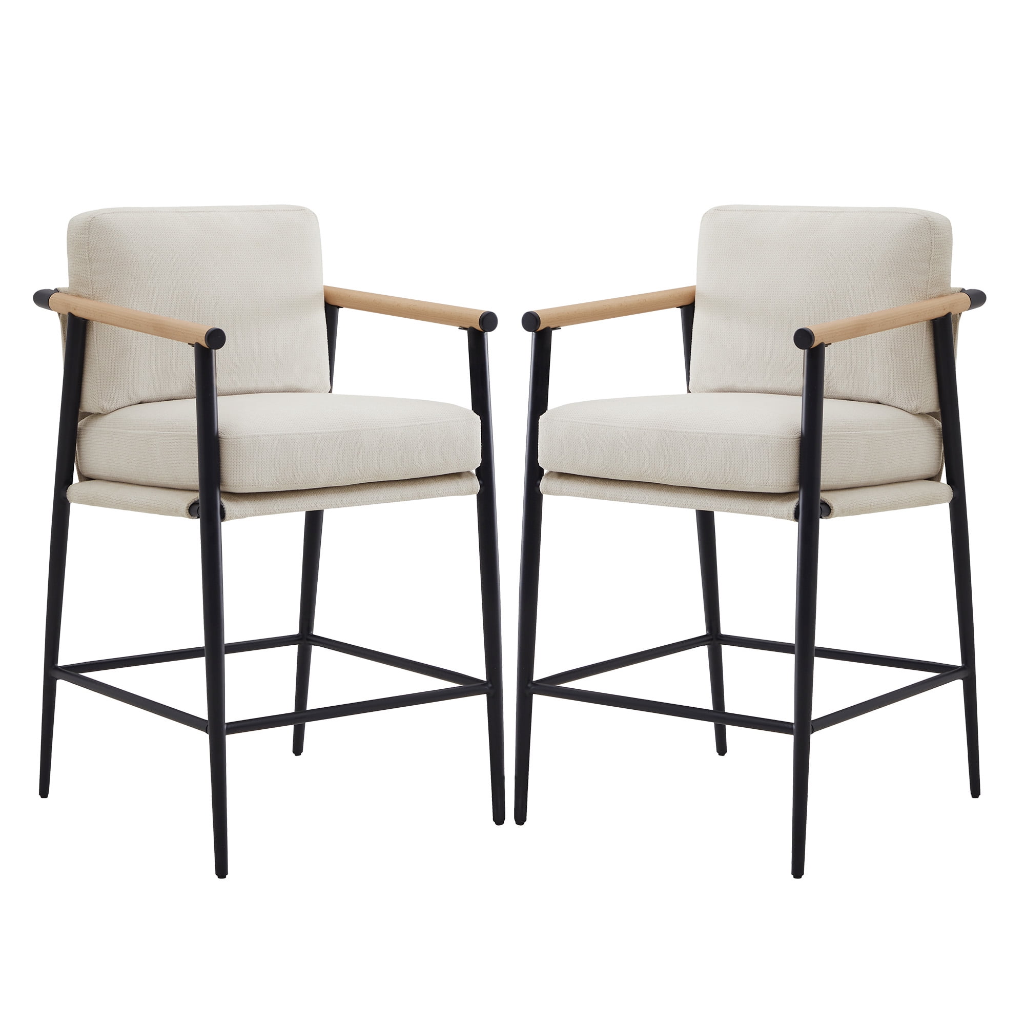 Spruce & Spring Mid-Century Modern Counter Stool Set with Wood Armrests and Cushioned Sling Seat Set of 2, Linen Fabric