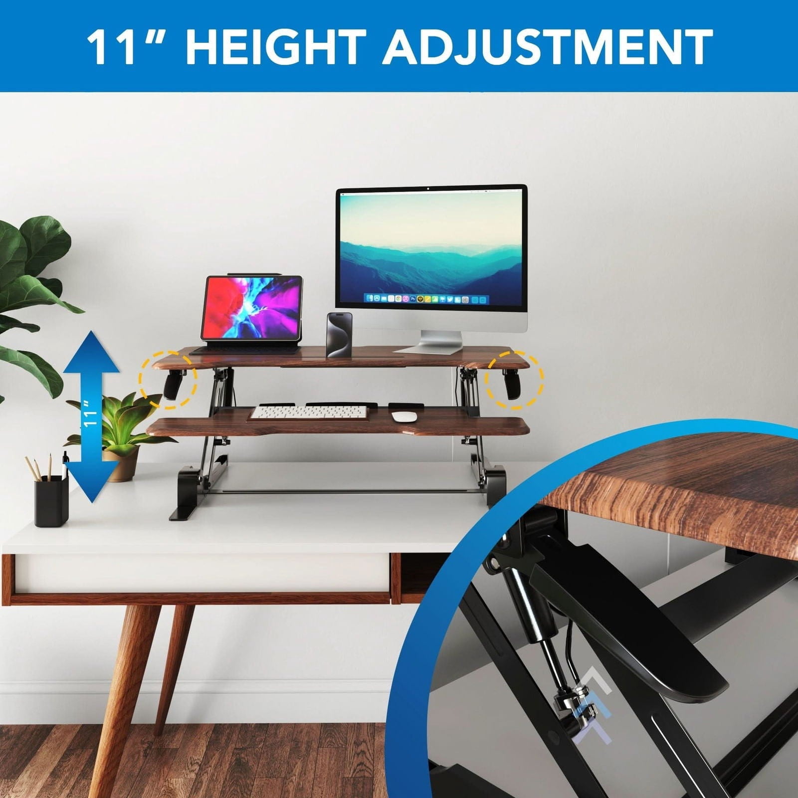 Mount-It! 38'' Standing Desk Converter – Height Adjustable Sit Stand Riser with Dual Monitor Space, Keyboard Tray & Device Slot – Gas Spring Lift, MDF Desktop, Dark Walnut