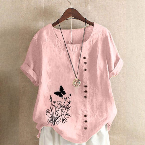 SYMOID Womens Misses Casual Fashion Printed Round Neck Short Sleeve Button Blouse for Daily Wear,Pink,Size L