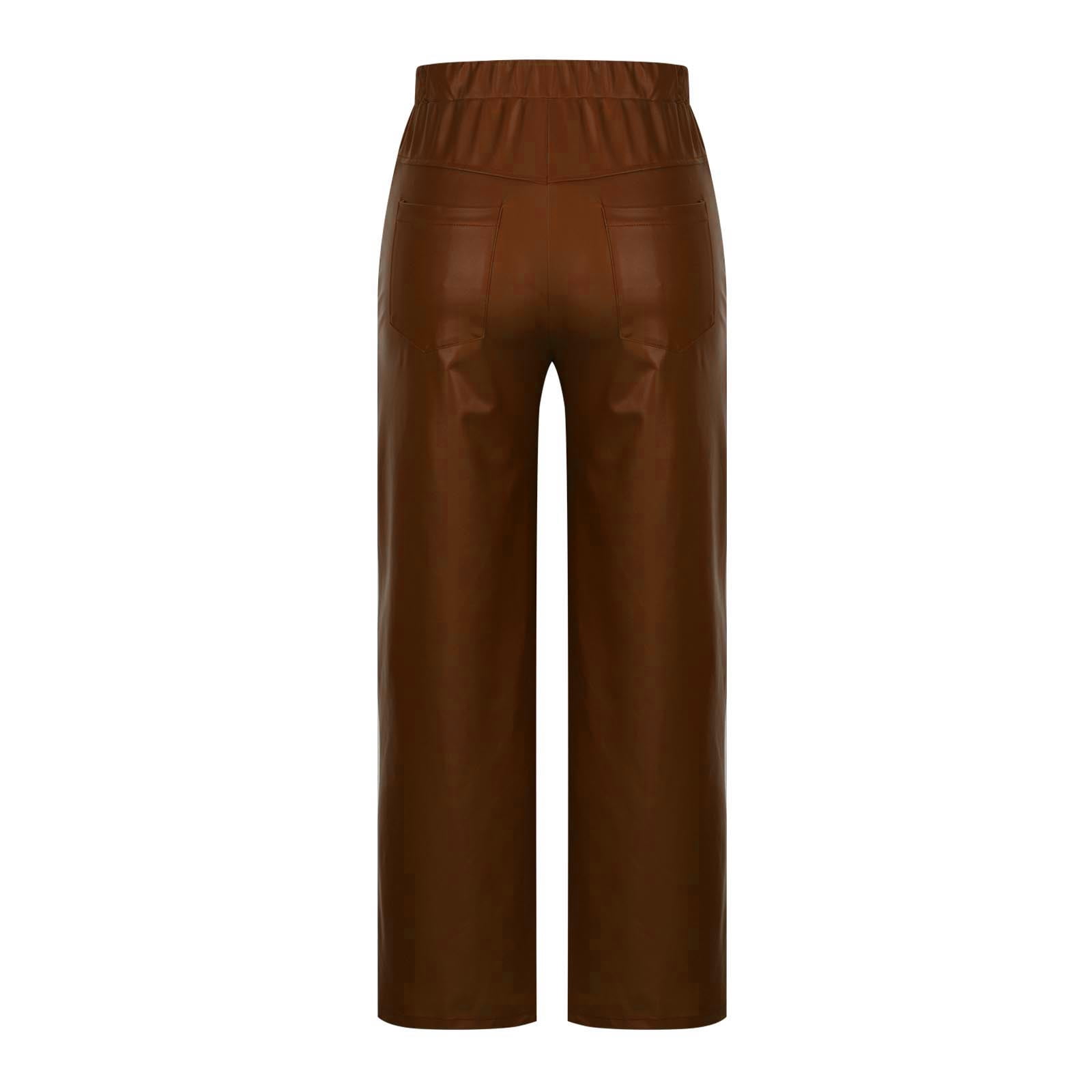Moxiu Faux Leather Casual Pants Women High Waisted Button Elastic Loose Straight Leg Trousers for Party Club Date Night Brown,S