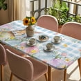 thumbnail image 3 of Easter Table Cloths for 5 Foot Rectangle Tables, Spring Rabbit Eggs Seasonal Flowers Blue Lattice Patio Waterproof Elastic Fitted Tablecloths, Washable Rectangular Table Cover for Camping, 3 of 8
