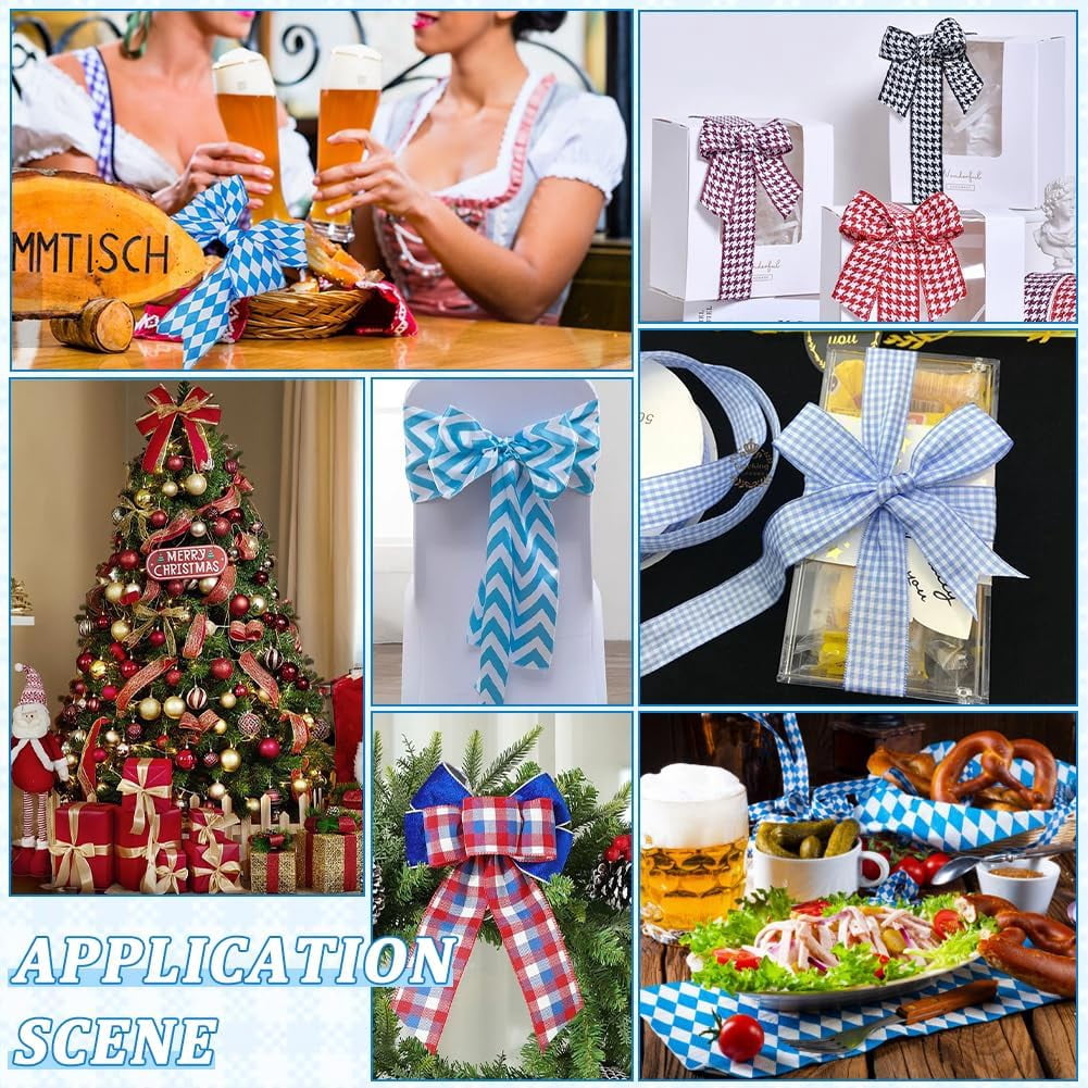20yards Oktoberfest Wired Edge Ribbon 2.5" Blue and White Checkered Ribbon Polyester Plaid Gingham Ribbons Hanukkah Decorative Ribbons DIY