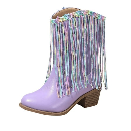 

Huesdet Kid s Lug Sole Mid Heel Chelsea Fashion Ankle Bootie w/Double Elastic Gore Children/Kids(Purple 6-7 Years)