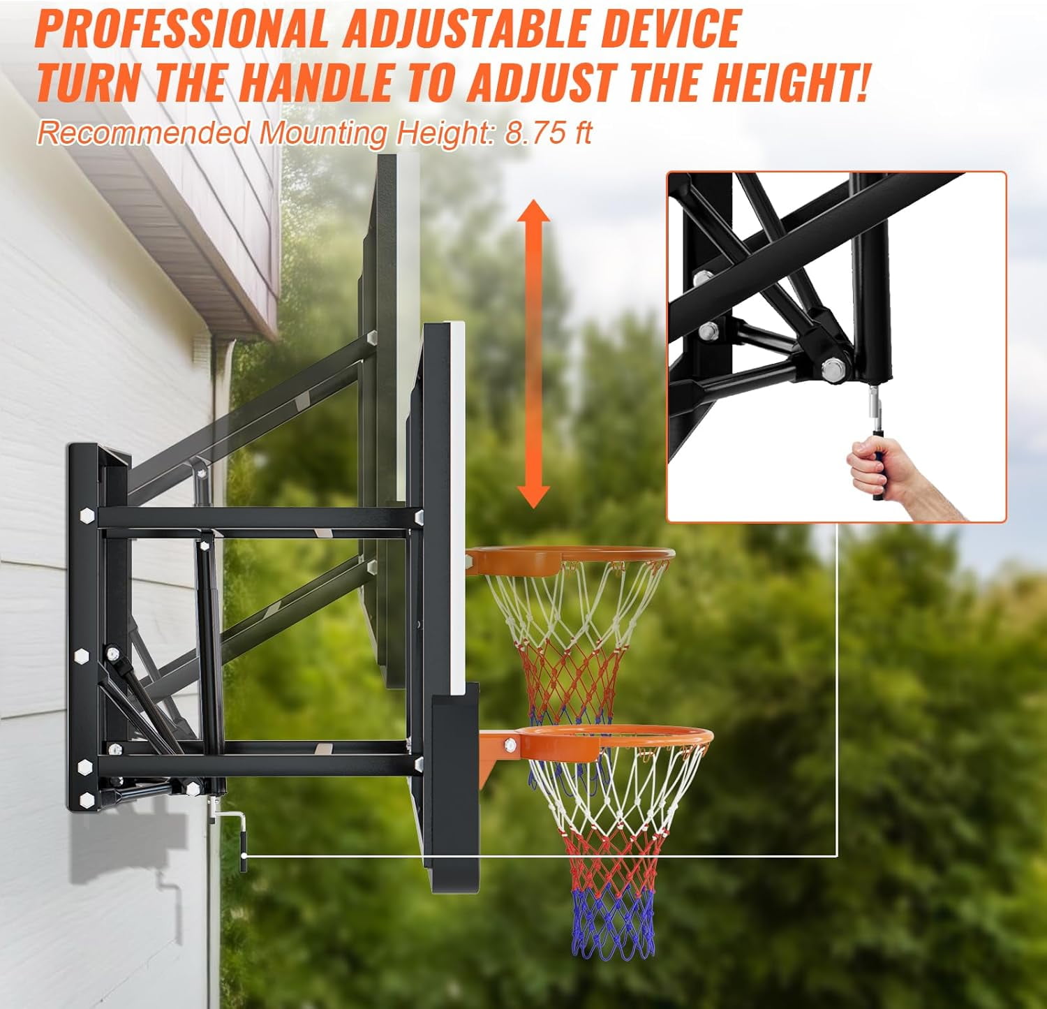 Selooye 54 Inch Wall Mounted Basketball Backboard, Adjustable-Height Backboard and Rim Combo, Outdoor Wall Mount Basketball Hoop Fit Most Slanting Roofs