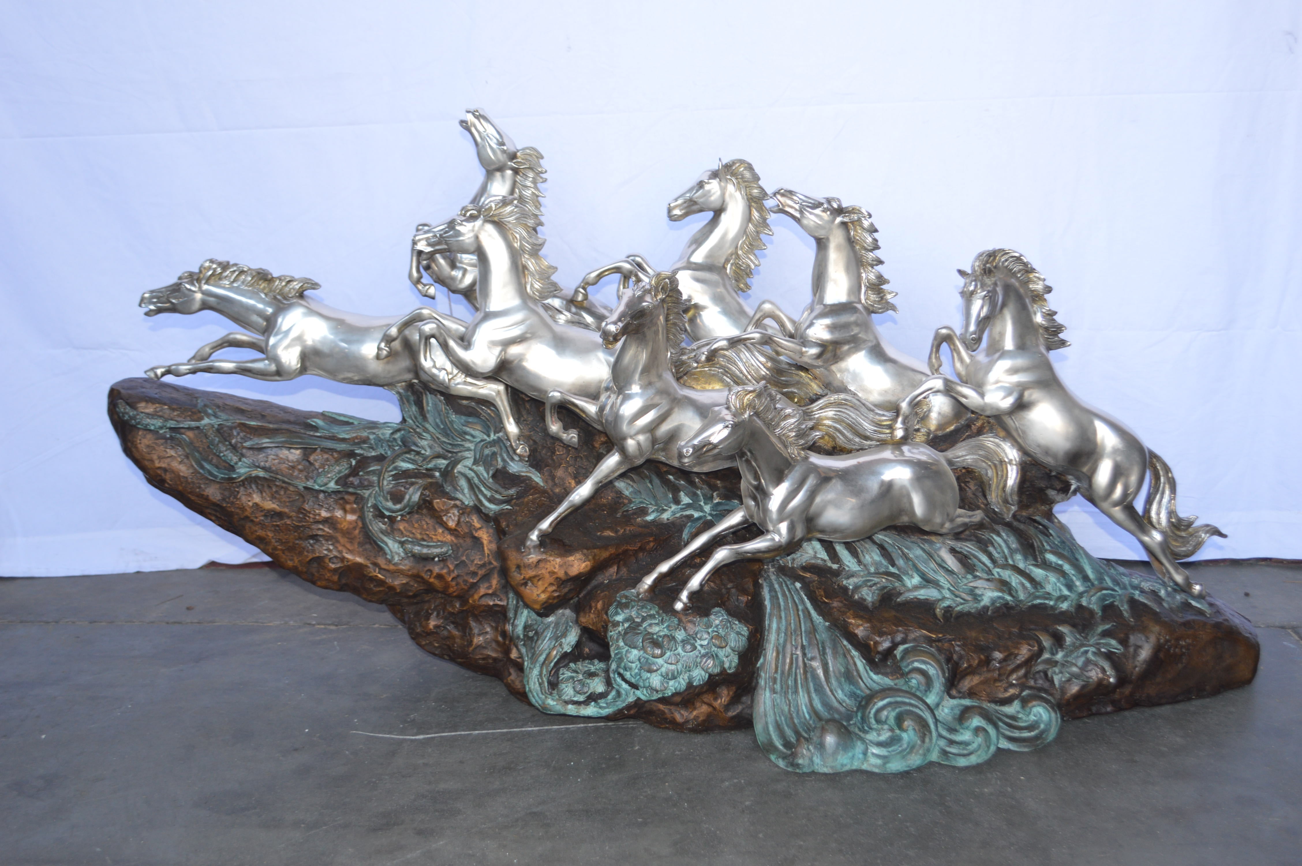 Nifao Eight Horses Running Bronze Statue Silver Finish – Garden Outdoor Decor Sculpture, 59"L x 20"W x 28"H