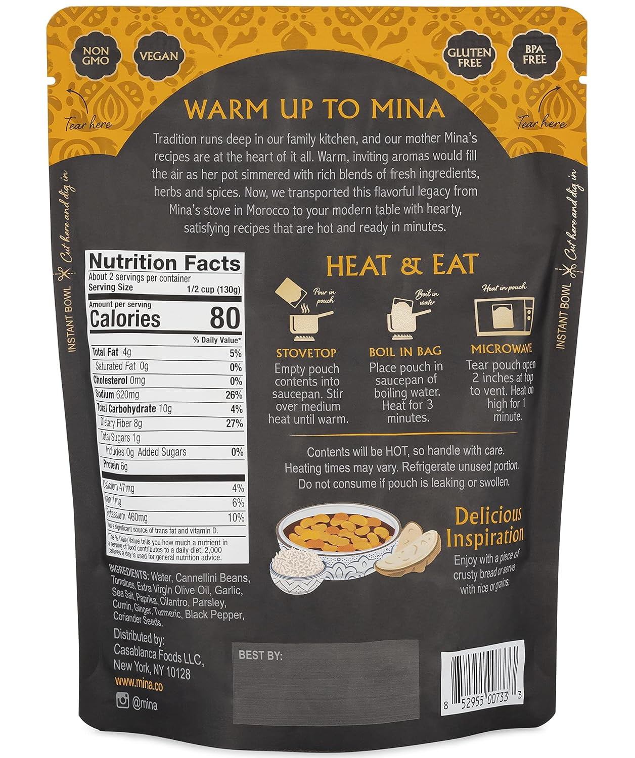 Mina Loubia, Moroccan White Beans - 10 oz, 6 Pack, Vegan, Gluten Free, Ready to Eat Meals