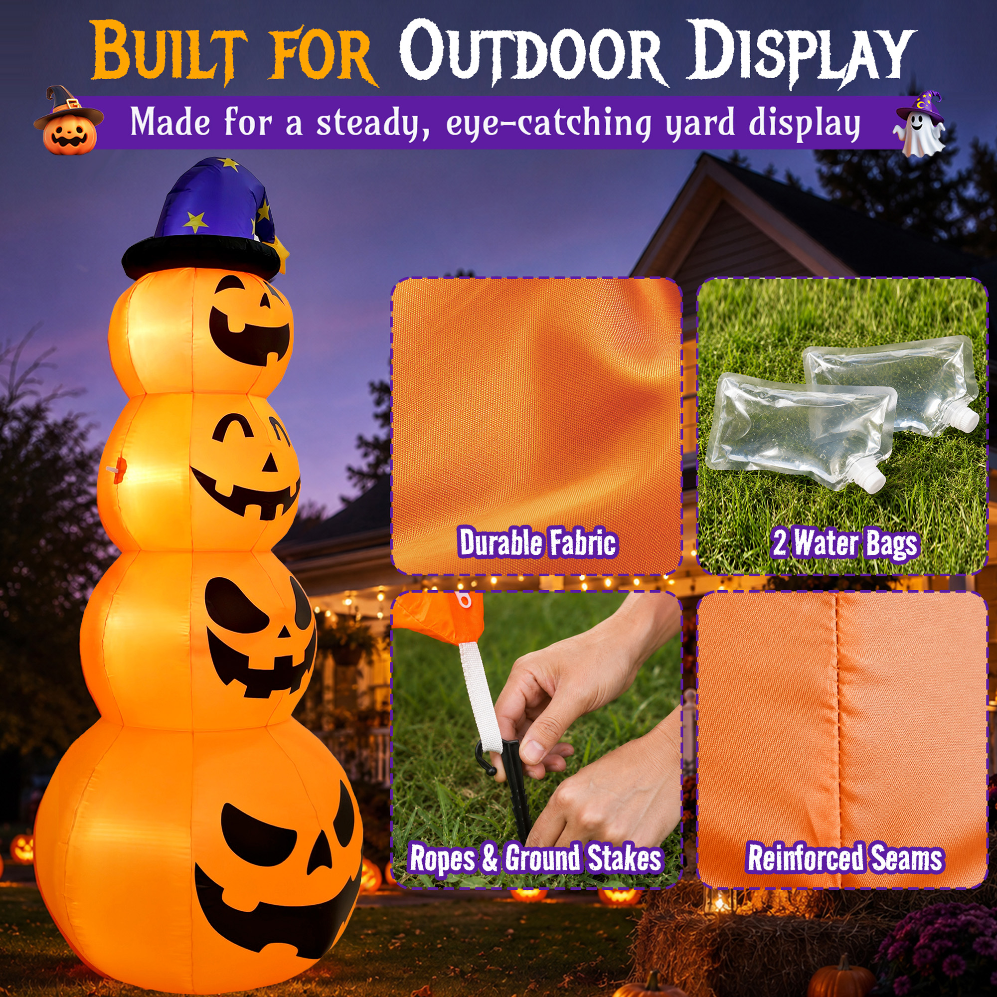 Qunler 8 Ft Halloween Pumpkin Stack Inflatable with Witch Hat photo 7