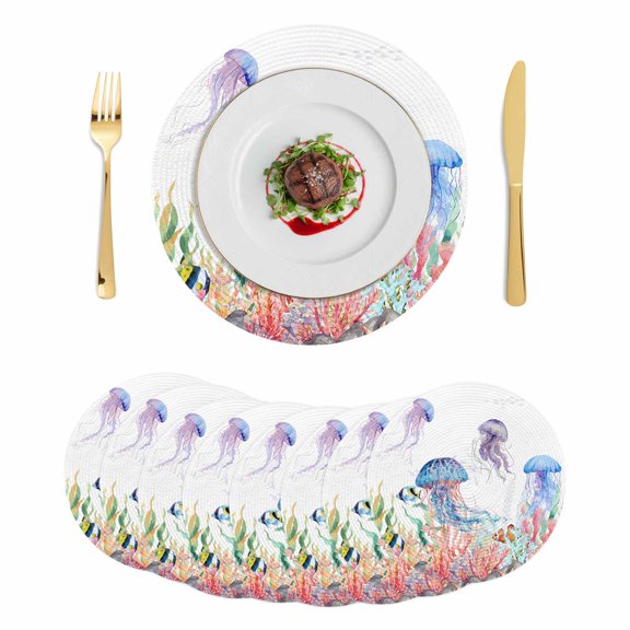 Jellyfish Coastal Round 13 Inch Placemats Set of 8, Summer Beach Blue Purple Coral Ocean HeatResistant Non Slip Place Mats for Dining Table, Wipeable Braided Kitchen Table Mats for Housewarming